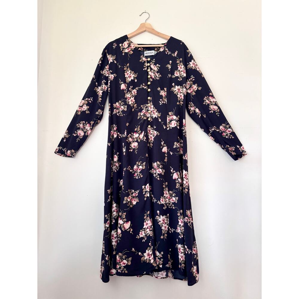 Vintage 90s Black Longsleeve Rayon Floral Dress- Size XL, Grunge Boho Chic